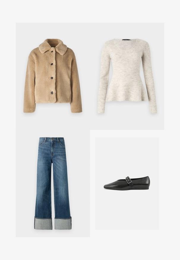 Faux pelsjakke i lys beige med krave, frontknaplukning med sorte knapper og lange ærmer. Blød tekstur med en luksuriøs finish.; Lyse beige langærmet sweater med ribbet tekstur, rund halsudskæring og flaret kant. Fremstillet af et blødt, strikket stof.; Lee STELLA - Wide leg - richter; Sorte læder flade sko med spidse tæer, prydet med en metallisk spænde over vristen og en lav, fleksibel sål.