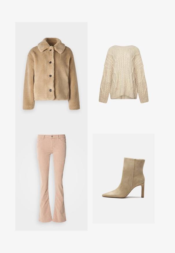 Faux pelsjakke i lys beige med krave, frontknaplukning med sorte knapper og lange ærmer. Blød tekstur med en luksuriøs finish.; Cremefarvet kabelstrikket sweater med lange ærmer, rund hals, ribbede manchetter og en let løs, afslappet pasform vist på hvid baggrund.; Lysrosa fløjl flared jeans med subtil ribbet tekstur, frontlommer, lynlås og knaplukning, samt en let falmning langs benene.; Zign Højhælede støvletter - beige