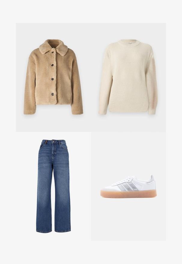 Chaqueta de piel sintética en color beige claro, con un cuello, cierre de botón frontal con botones negros y mangas largas. Textura suave con un acabado aterciopelado.; Suéter color crema de punto grueso con escote redondo, mangas extendidas y un acabado texturizado. Presenta un ligero canalé y un corte relajado.; Pantalones vaqueros de pierna ancha hechos de tejido de algodón azul de peso medio. Presentan un diseño clásico de cinco bolsillos y una cremallera con cierre de botón.; Zapatilla blanca de perfil bajo con suela de goma, acentos laterales plateados a rayas y cierre de cordones, mostrada sobre un fondo claro y liso.