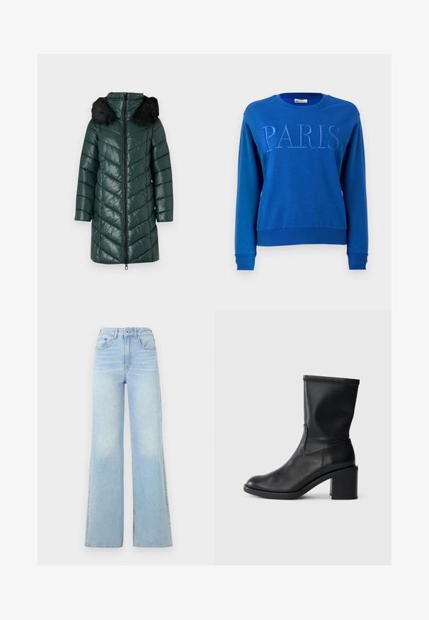 Gewatteerde groene parka met een ritsslot, chevronstiksel en een zwarte nepbont capuchon. Beschikt over lange mouwen en een knielange snit.; Blauwe pullover met lange mouwen en ronde hals, voorzien van geribbelde boorden bij de mouwen en zoom, geborduurd met het woord "PARIS" over de borst.; Lichtblauwe high-waisted jeans met een ontwerp met wijde pijpen. Beschikt over vijf zakken en een knoopsluiting, gemaakt van denim met een lichte vervaging.; Zwarte leren enkellaars met een ronde neus, een gladde textuur en een chunky hak, met een strak schacht en subtiele stiksels.