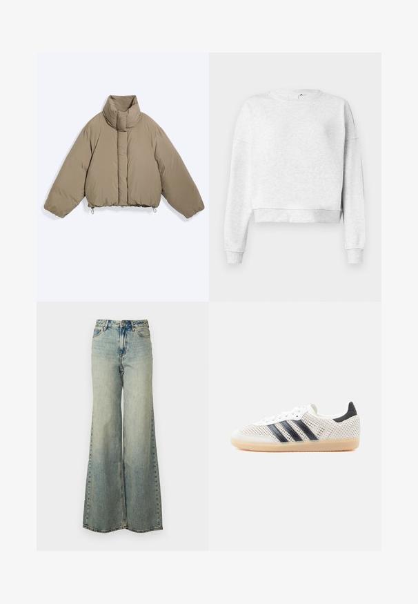 Beige Steppjacke mit hohem Kragen, langen Ärmeln und verstellbaren Kordeln am Saum für eine eng anliegende Passform.; Grauer Baumwoll-Sweatshirt mit Rundhalsausschnitt, überschnittenen Schultern und gerippten Bündchen. Mit einem verkürzten Saum und weichem, strukturiertem Material.; Helles blauweite Jeans im Denim-Stil mit hoher Taille, ausgewaschenem Finish und seitlichen Taschen mit sichtbaren Nähten.; Weiße Mesh-Sneaker mit schwarzem Drei-Streifen-Design, abgerundeter Spitze und Gummisohle. Verfügen über einen weichen Fersenkragen und Schnürverschluss.