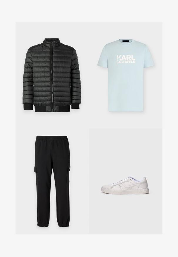 Chaqueta de plumas negra con textura acolchada horizontal, cierre de cremallera, cuello alto y puños y dobladillo acanalados. Dos bolsillos laterales con cremalleras.; Camiseta azul clara de manga corta con texto blanco "KARL LAGERFELD" y gráfica de silueta en el pecho, cuello redondo.; Pantalones de chándal negros con cintura elástica, puños ajustados y bolsillos laterales tipo cargo. Fabricados con material suave y textura lisa.; Zapatilla deportiva blanca de perfil bajo con cordones, detalles cosidos y la marca "BOSS" en el lateral y la suela, vista desde el lado exterior.