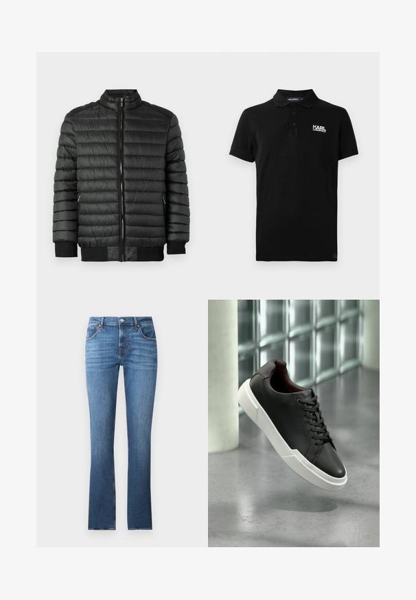 Schwarze Pufferjacke mit horizontaler Steppung, Reißverschluss, hohem Kragen sowie gerippten Manschetten und Saum. Zwei seitliche Taschen mit Reißverschlüssen.; Schwarzes Polohemd mit kurzen Ärmeln, drei Knöpfen und weißem "KARL LAGERFELD"-Logo auf der linken Brust.; Blaue Jeans aus Denim mit geradem Bein, leicht ausgebleicht, fünf Taschen und Metallbeschlägen. Der Bund ist mit Gürtelschlaufen ausgestattet.; Schwarzer Ledersneaker mit weißer, dicker Sohle und schwarzen Schnürsenkeln, schwebt über einem grauen Betonboden in der Nähe einer Glasbausteinwand.