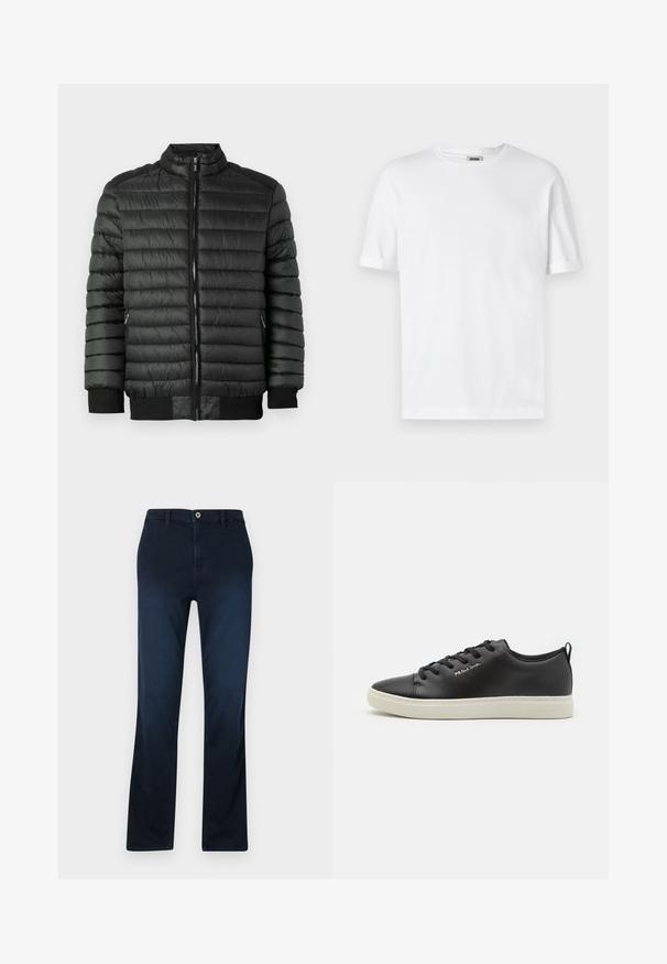 Schwarze Pufferjacke mit horizontaler Steppung, Reißverschluss, hohem Kragen sowie gerippten Manschetten und Saum. Zwei seitliche Taschen mit Reißverschlüssen.; Weißes Baumwoll-T-Shirt mit Rundhalsausschnitt, kurzen Ärmeln und umgeschlagenen Bündchen; schlichtes Design, weiche Textur und gerade geschnitten.; Marineblaue gerade geschnittene Hose aus Denim, mit Reißverschluss, Gürtelschlaufen und einer einzelnen vorderen Tasche mit Kontrastnähten.; Schwarze Leder-Sneaker mit runder Zehenpartie, kontrastierender weißer Gummisohle, sechs Ösen Schnürverschluss und dezenter Markenkennzeichnung an der Seite.