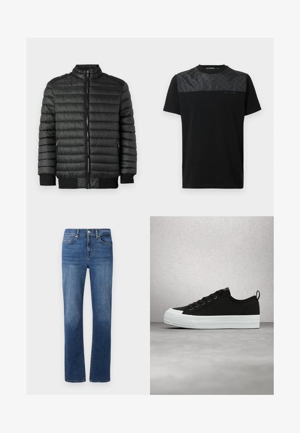 Sort pufferjakke med horisontalt quiltet tekstur, lynlåslukning, høj krave og ribbede manchetter og nederste kant. To sidelommer med lynlås.; Sort T-shirt med korte ærmer, der har et struktureret gråt panel på øverste front, detaljeret logo og rund hals.; Mørkeblå denimjeans med lige ben, fem-lomme stil og kontraststing. Har en knap- og lynlåslukning.; Sorte lærreds-sneakers med hvid gummisål, med snørebånd foran, øjer og en løkke på hælen. Diskret tekstur og logodetalje.