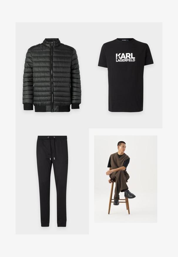 Schwarze Pufferjacke mit horizontaler Steppung, Reißverschluss, hohem Kragen sowie gerippten Manschetten und Saum. Zwei seitliche Taschen mit Reißverschlüssen.; Schwarzes Baumwoll-T-Shirt mit fettem weißen "KARL LAGERFELD" Logo auf der Vorderseite, runder Halsausschnitt und kurzen Ärmeln. Glatte Textur und klassischer Schnitt.; Schwarze Jogginghosen aus weichem Stoff mit elastischem Bund und Kordelzug, Seitentaschen und engen Bündchen an den Knöcheln.; Brauner Strickwesten über einem schwarzen T-Shirt, kombiniert mit braunen weiten Hosen und schwarzen klobigen Schuhen, auf einem Holzschemel sitzend.