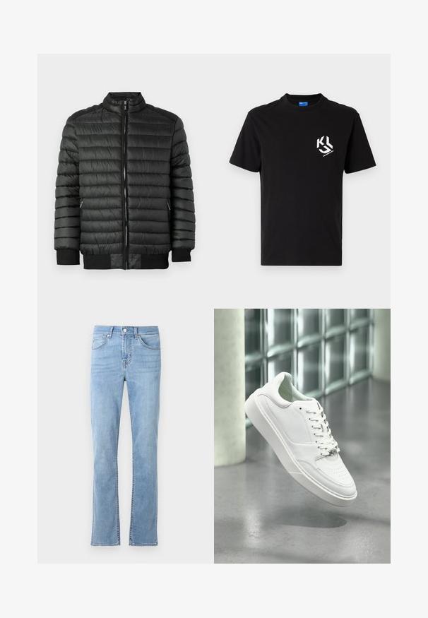 Sort pufferjakke med horisontalt quiltet tekstur, lynlåslukning, høj krave og ribbede manchetter og nederste kant. To sidelommer med lynlås.; Sort bomulds t-shirt med en hvid grafisk detalje på venstre brystområde. Rund hals, korte ærmer og klassisk snit.; Lysblå, lige ben jeans lavet af bomuldsdenim. Har fem lommer, lukning med knap foran og subtile syninger.; Hvid sneakers i læder med rundet snude, snørelukning foran og flad gummisål. Har perforerede detaljer og subtilt logoaccent.