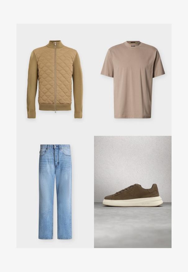 Tan farvet quiltet jakke med ribstrikkede ærmer, krave og kant, med en lynlås foran og sidelommer med trykknapper.; Beige T-shirt med korte ærmer og høj rund hals med "BOSS"-branding på kraven. Fremstillet af blødt stof med en glat tekstur.; Lyseblå straight-leg denim jeans med knap- og lynlåslukning, for- og baglommer samt bæltestropper i taljen.; Brune ruskinds sneakers med en cremet gummisål, flade snørebånd og et logo på siden. Letvægtsdesign og glat tekstur.