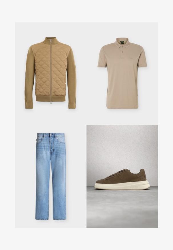 Beige doorgestikte jas met geribbelde gebreide mouwen, kraag en zoom, voorzien van een ritssluiting aan de voorkant en zijzakken met drukknoop.; Beige korte mouw polo met twee knopen en een klein reliëflogo op de linkerborst.; Lichtblauwe spijkerbroek met rechte pijpen, knoop- en ritssluiting, voor- en achterzakken en riemlussen in de tailleband.; Bruine suède sneaker met een crèmekleurige rubberen zool, platte veters en een logo aan de zijkant. Lichtgewicht ontwerp en gladde textuur.
