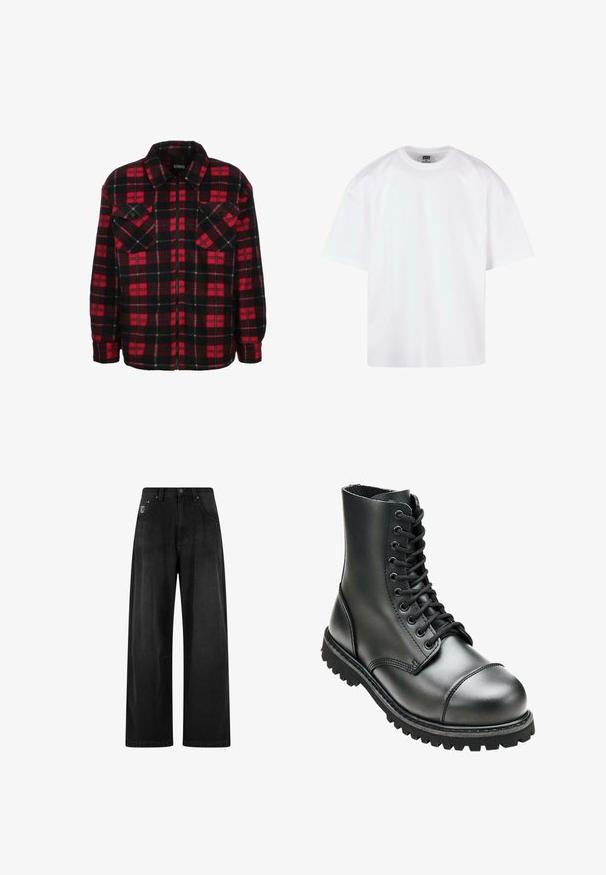 Rød og sort flannel skjortejakke med et ternet mønster, krave, to brystlommer og frontlynlås. Blød tekstur.; Hvid kortærmet t-shirt med rund hals, lavet af bomuldsmateriale, der har en afslappet pasform og minimale syningsdetaljer.; Bredde ben sorte denim bukser med høj talje, der har fire lommer og et lille logo-tag på forsiden. Glat tekstur, enkel design.; Sort læderkampstøvle med høj ankel, rund tå, snørebånd foran og robust gummisål med dybe mønstre for godt greb.