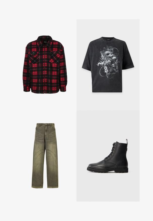 Rood en zwart flanellen shirtjack met een ruitpatroon, een kraag, twee borstzakken en een ritssluiting aan de voorkant. Zachte textuur.; Zwart oversized T-shirt met korte mouwen met een grijze abstracte afbeelding van een vervormd gezicht en organische vormen aan de voorkant.; Wijde spijkerbroeken van olijfgroene denim, met gebogen naadaccenten, klassieke knoopsluiting en een vervaagde afwerking.; Zwarte leren enkellaars met ronde neus, vetersluiting en metalen oogjes. Beschikt over een gestructureerde zool en een trekstrip aan de hiel voor gemakkelijk aan- en uittrekken.