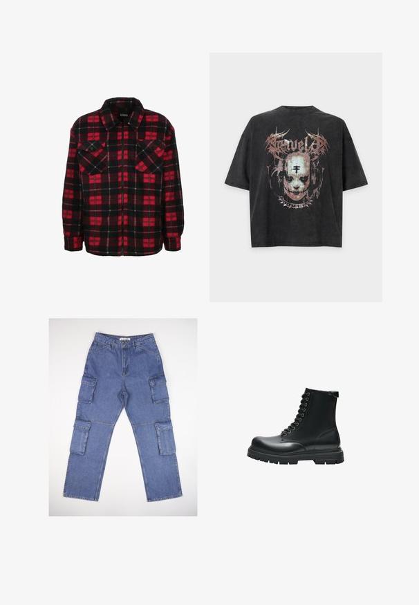 Veste chemise en flanelle rouge et noire avec un motif à carreaux, un col, deux poches poitrine et une fermeture éclair à l'avant. Texture douce.; T-shirt noir oversize avec un graphisme délavé d'un visage portant un collier à pointes et un texte gothique au-dessus.; Pantalons cargo en denim bleu avec plusieurs poches latérales, un design à jambe droite et une taille classique. Le tissu a une légère texture et un effet délavé.; Botte de combat noire en cuir avec lacets, semelle épaisse en caoutchouc et détails cousus, vue de côté sur fond blanc.