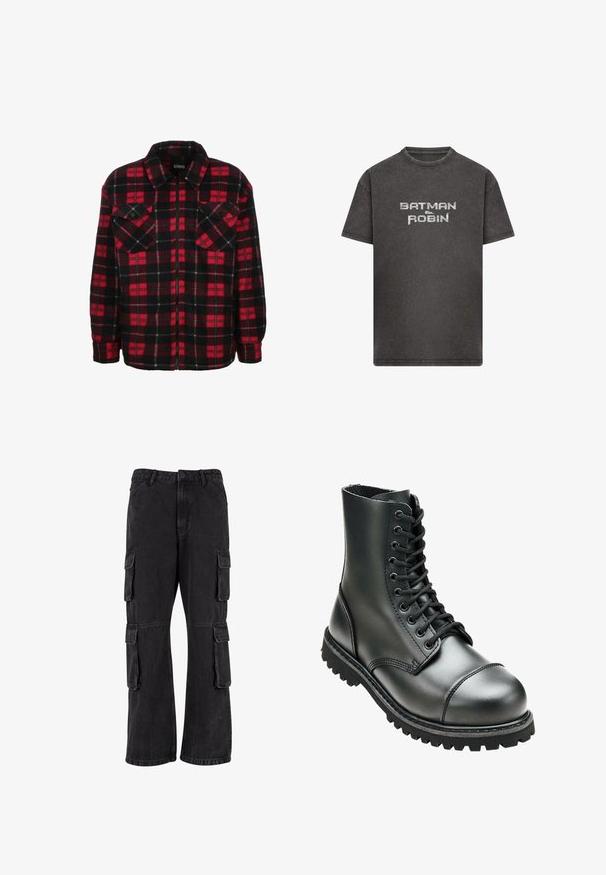 Rød og sort flannel skjortejakke med et ternet mønster, krave, to brystlommer og frontlynlås. Blød tekstur.; Kortærmet T-shirt i kulgrå med falmet stof og teksten "BATMAN & ROBIN" trykt i lysegrå på forsiden i midten.; Sorte cargo-bukser lavet af denim, med en løs pasform, flere sidelommer og syet detaljer. Teksturen er let falmet.; Sort læderkampstøvle med høj ankel, rund tå, snørebånd foran og robust gummisål med dybe mønstre for godt greb.