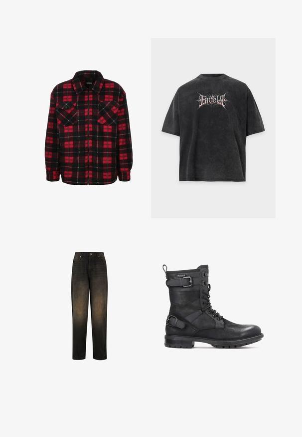 Veste chemise en flanelle rouge et noire avec un motif à carreaux, un col, deux poches poitrine et une fermeture éclair à l'avant. Texture douce.; T-shirt noir oversize avec texture délavée et texte stylisé en blanc et rouge "Fadella" centré sur le devant.; Jean en denim foncé avec une finition légèrement délavée, présentant une jambe droite, un design à cinq poches et une fermeture à bouton métallique.; Kazar HEARD - Bottines de cowboy / motard - black