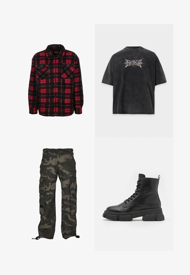 Rood en zwart flanellen shirtjack met een ruitpatroon, een kraag, twee borstzakken en een ritssluiting aan de voorkant. Zachte textuur.; Zwart oversized T-shirt met vervaagde textuur en gestileerde witte en rode tekst "Fadella" gecentreerd aan de voorkant.; Camouflage cargobroek in donkergroen en grijs, met meerdere zijzakken, een knoopsluiting en verstelbare enkelkoordjes.; Zwarte leren enkellaarsjes met dikke rubberen zolen, ronde neus en vetersluiting. Voorzien van een treklus en gestructureerde details aan de zijkanten.