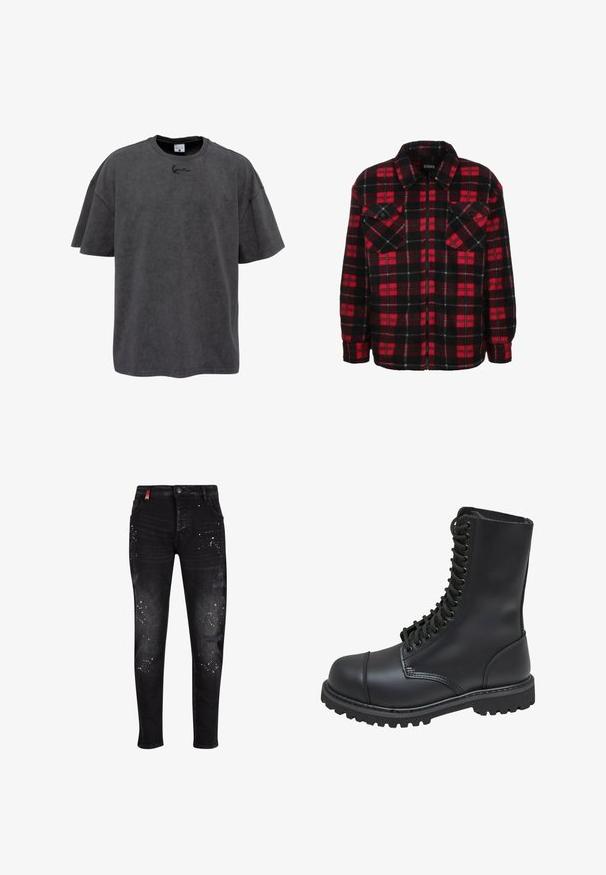 Rood en zwart flanellen shirtjack met een ruitpatroon, een kraag, twee borstzakken en een ritssluiting aan de voorkant. Zachte textuur.; Grijze oversized t-shirt van een katoenmix, met een ronde hals en korte mouwen. Het heeft een subtiele geborduurde logo op de borst.; Zwarte denim jeans met verwerkte patches, witte verfspat accenten, ritssluiting en een slim-fit ontwerp.; Zwarte leren gevechtslaars met een hoge schacht, vetersluiting aan de voorkant, gewatteerde kraag en een stevige, gestructureerde zool voor grip. Bevat een versterkte neus.