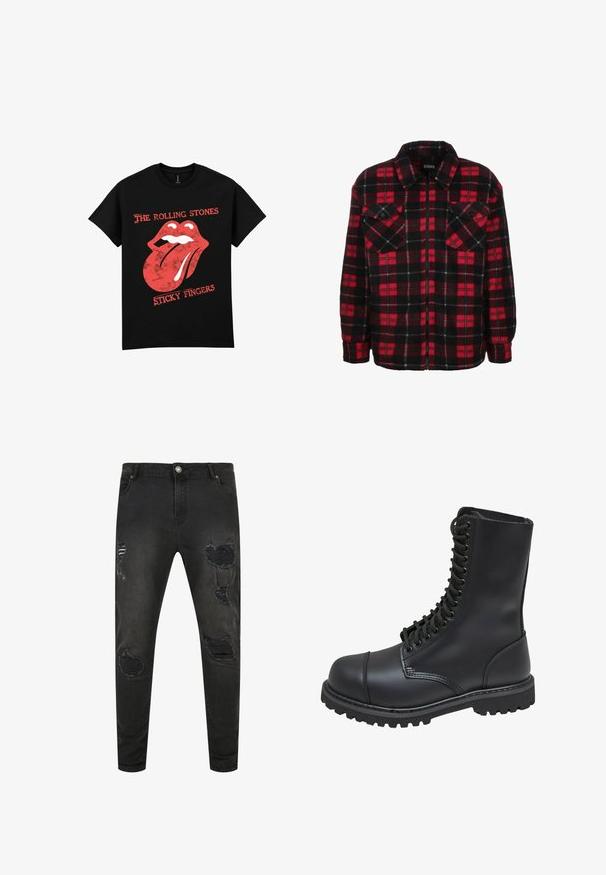 Chaqueta de camisa de franela roja y negra con un patrón de cuadros, cuello con solapa, dos bolsillos en el pecho y cierre de cremallera frontal. Textura suave.; Camiseta de algodón negra con un gráfico del logo de los Rolling Stones en rojo y blanco, con el diseño de la lengua y el texto "Sticky Fingers" debajo.; Jeans de mezclilla negra con un ajuste slim, que presentan detalles desgastados, desgarros y áreas desvaídas. Diseño estándar de cinco bolsillos con cierre de botón metálico.; Bota de combate de cuero negro con caña alta, parte frontal con cordones, cuello acolchado y suela texturizada resistente para un buen agarre. Presenta una puntera reforzada.