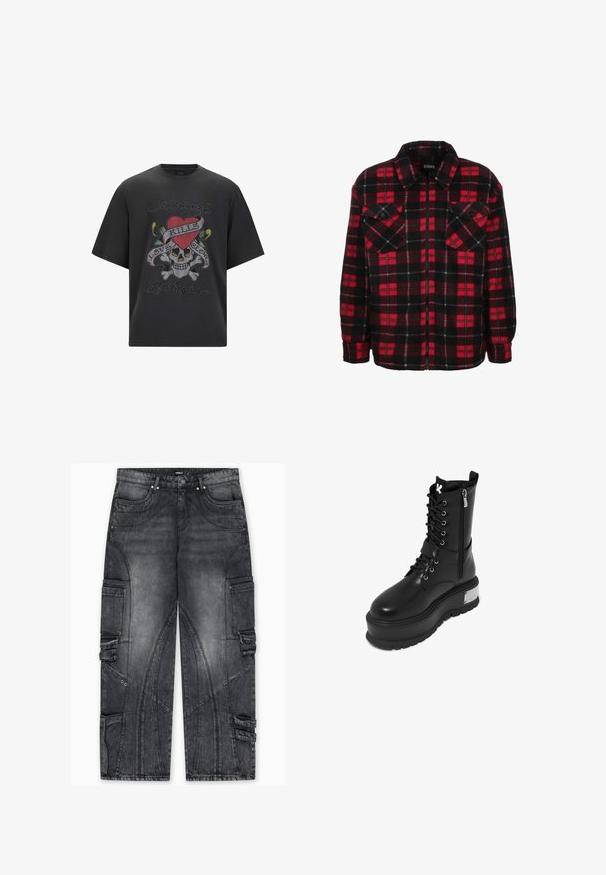 Rød og sort flannel skjortejakke med et ternet mønster, krave, to brystlommer og frontlynlås. Blød tekstur.; Sort grafisk t-shirt med et skelet, rødt hjerte og teksten "Love Kills", prydet med farverige rhinsten og et løst fit design.; Cargo-jeans i falmet mørkegrå denim med sidelommer, unikke syningsmønstre, tilspidsede ben og accenter i metal.; Sort faux læder kampstøvle med en chunky platform, der har snørebånd fortil, lynlås lukning og metallisk detalje på hælen.