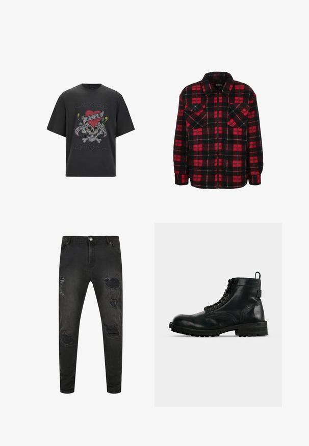 Chaqueta de camisa de franela roja y negra con un patrón de cuadros, cuello con solapa, dos bolsillos en el pecho y cierre de cremallera frontal. Textura suave.; Camiseta gráfica negra con un diseño de calavera, un corazón rojo y el texto "Love Kills", adornada con coloridos rhinestones y un diseño de corte holgado.; Jeans de mezclilla negra con un ajuste slim, que presentan detalles desgastados, desgarros y áreas desvaídas. Diseño estándar de cinco bolsillos con cierre de botón metálico.; Botín negro de cuero con cordones, suela gruesa y lengüeta en la parte trasera, mostrado de perfil sobre fondo blanco.