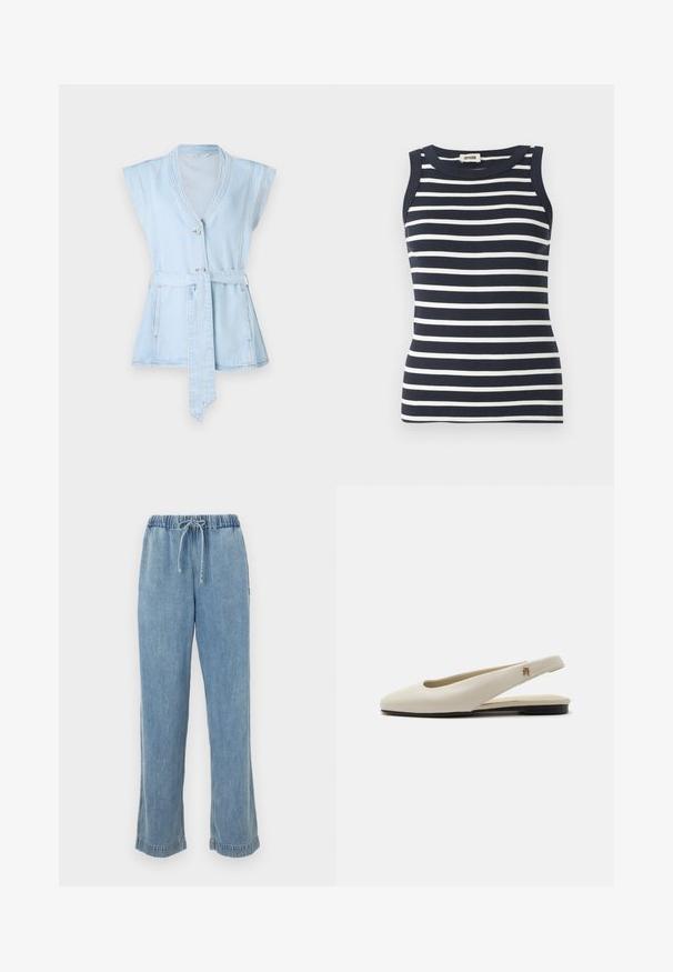Lichtblauw denimvest met korte mouwen, V-hals, twee knopen en een taillekoord. Beschikt over contrasterende stiksels en een uitlopende silhoeët.; Marineblauwe en witte gestreepte tanktop van ribstof, met een ronde halslijn en mouwloos ontwerp.; Lichtblauwe denim broek met een elastische tailleband, trekkoord en opgerolde manchetten. Recht gesneden ontwerp met een casual pasvorm.; Crèmekleurige leren slingback platte schoen met ronde neus en klein gouden embleem op het bandje.