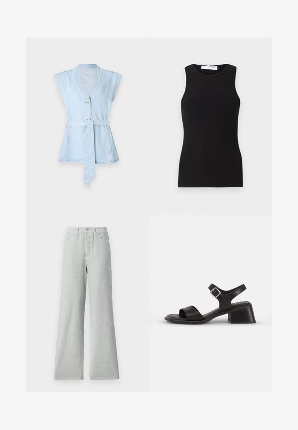 Lyseblå denimvest med korte ærmer, V-hals, to knapper og taljebånd. Har kontrastsyninger og en flared silhuet.; Sort ribbet tanktop med uden ærmer og rund hals. Lavet af et strækbart stof, har den en tætsiddende form og en glat overflade.; Stribede bukser med vidde lavet af letvægtsstof, prydet med lodrette blå og hvide striber, højt liv og frontlommer.; Sort lædersandal med åben tå, en bred rem over foden og en ankrems, der har en sølvspænde. Design med blokhæle.