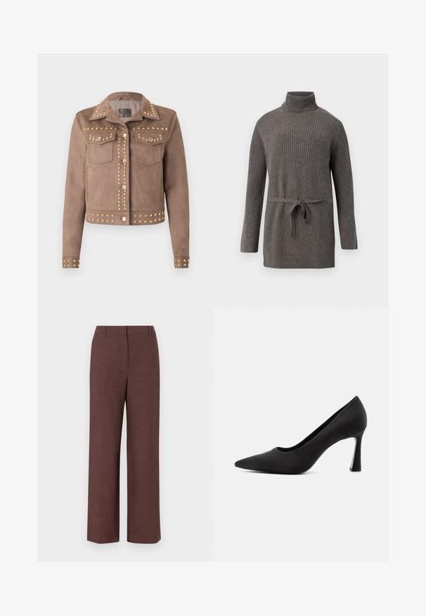 Veste en daim taupe avec des clous ronds dorés, fermeture à boutons sur le devant, deux poches à rabat sur la poitrine et manches longues sur fond blanc.; Pull à col roulé gris à côtes avec des manches longues et un détail de taille nouée. Fabriqué en matériau doux avec une finition texturée.; Pantalons larges marron en tissu texturé avec une finition lisse, présentant un devant plat, des passants de ceinture et des poches latérales.; Escarpin à talon haut noir à bout pointu avec une finition lisse et un talon fin et courbé sur un fond clair uni.