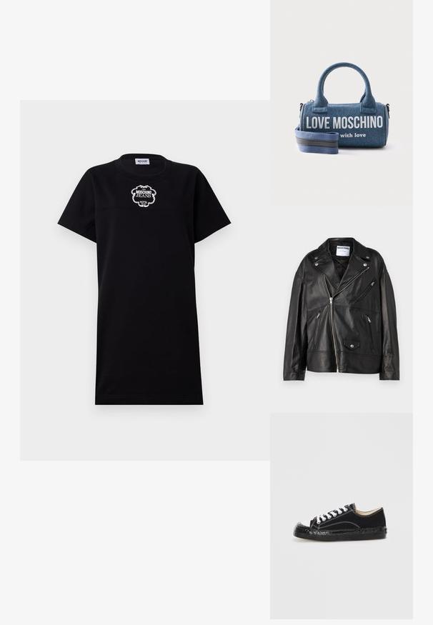 Schwarze Leder-Motorradjacke mit Eingriffskragen, asymmetrischem Reißverschluss und mehreren Reißverschlusstaschen. Verziert mit silbernen Hardware-Details.; Schwarzes Baumwoll-T-Shirt-Kleid mit kurzen Ärmeln. Verfügt über ein weiß gesticktes Logo "Moschino Jeans Hotel" auf der Brust. Schlichtes und geradliniges Design.; Schwarze Leinensneaker mit weißen Schnürsenkeln, Gummikappe und strukturiertem schwarzen Sohlen. Verfügt über weiße Nähte und ein niedrig geschnittenes Design.; Blauer Jeansstoff zylindrische Handtasche mit Griffen und abnehmbarem Schulterriemen, vorne mit "LOVE MOSCHINO with love" bedruckt.