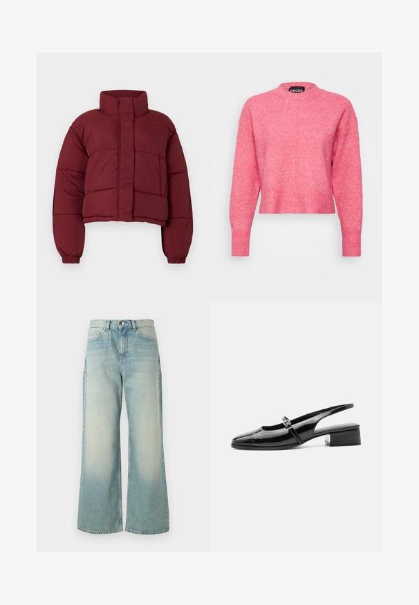 Burgundy cropped pufferjakke med høj krave, quiltemønster, elastiske manchetter og en frontlomme. Glat, polstret tekstur.; Rosa cropped sweater med rund hals, lange ærmer, ribbede manchetter og kant. Afslutningen har en let tekstureret finish. Mærket er synligt.; Lyseblå vide jeans lavet af denim, med en afdæmpet vask, klassisk fem-lomme design og en frontknaplukning.; Sort laklæderslingback-sko med lav blokhæl og tynd rem med sølvspænde over toppen.