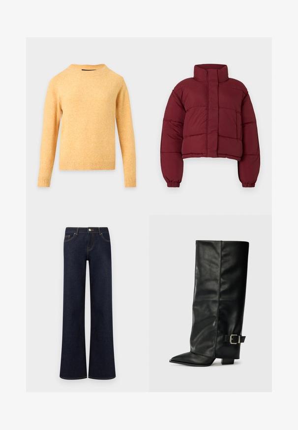 Burgundy cropped pufferjakke med høj krave, quiltemønster, elastiske manchetter og en frontlomme. Glat, polstret tekstur.; Langærmet gul strikket sweater med ribstrikket rund halsudskæring, manchetter og kant på en lysegrå baggrund.; Mørkeblå vidde denimjeans med forlommer, knap- og lynlåslukning samt synlige kontrastsyninger.; Sorte læder ankelstøvler i ankellængde med spids tå, glat tekstur og en sølvspændeaccents på siden. Kraftig firkantet hæl.
