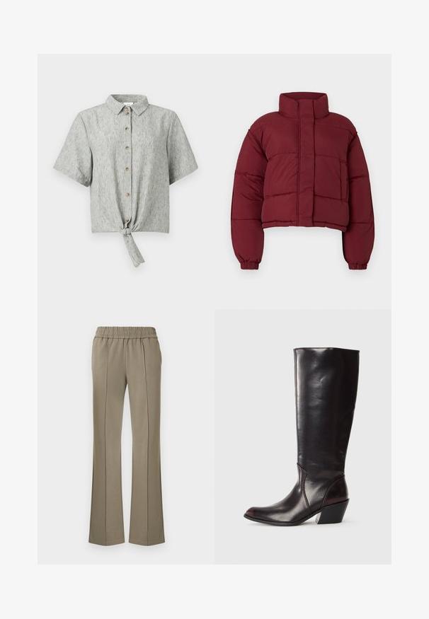 Burgundy lyhyempi puhvijakku, jossa on korkea kaulus, päällinen neliskulmainen muotoilu, elastiset hihansuut ja etutasku. Sileä, pehmustettu rakenne.; Lyhythihainen, napitettava paita vaaleanharmaasta kankaasta, jossa on solmittu etuosan yksityiskohta, litteä kaulus ja puiset napit koristeluna.; Vaaleanruskeat, joustavat housut, joissa on kuminauhavyötärö, etusaumat ja levenevät lahkeet, valmistettu pehmeästä, sileäpintaisesta kankaasta.; Polviin asti ulottuva, tummanruskea nahkasaapas, jossa on terävä kärki, kulmikas korko ja sileä, kiiltävä pinta. Sisältää siistin muotoilun ja ommeltuja yksityiskohtia.