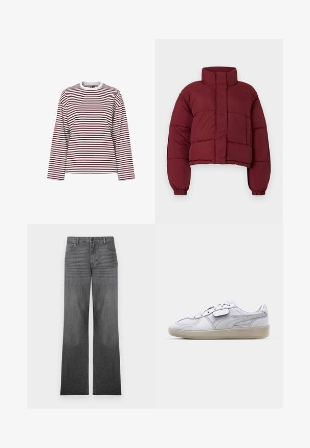 Veste rembourrée courte bordeaux avec col haut, design matelassé, poignets élastiques et poche avant. Texture lisse et rembourrée.; Chemise à manches longues rayée en bordeaux et blanc, avec un col rond et une coupe décontractée. Tissu doux avec des rayures horizontales uniformes.; Jean en denim gris à jambes larges avec un lavage moyen, présentant un design à cinq poches, une fermeture à bouton sur le devant et des détails de couture subtils.; Baskets blanches en cuir avec des accents gris, fermeture à lacets et semelle en caoutchouc texturée. Présente un logo bien en vue sur le côté.
