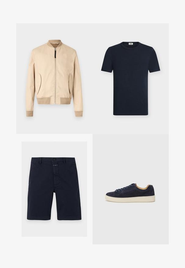 Veste bomber beige avec fermeture éclair à l'avant, col, poignets et ourlet côtelés, ainsi que des poches avant inclinées sur un fond blanc uni.; T-shirt uni bleu marine foncé à manches courtes et col rond avec une petite étiquette blanche de la marque à l’intérieur du col sur fond clair.; Short bleu marine longueur genou avec fermeture par bouton, passants de ceinture et poches avant, posé à plat sur fond blanc.; Baskets basses en suede bleu marine avec bout arrondi, semelle en caoutchouc blanc cassé et lacets assortis ; dotées d'une doublure intérieure contrastante couleur tan.