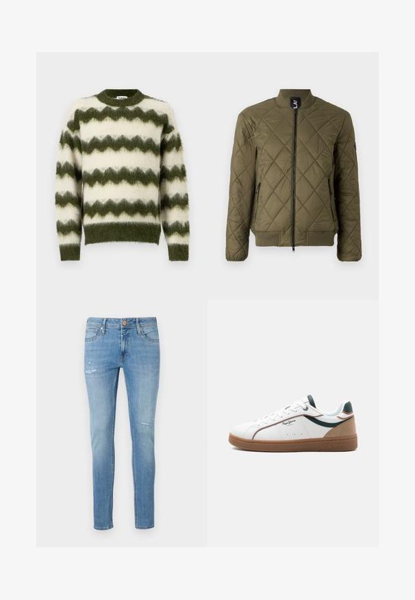 Chaqueta bomber acolchada en verde oliva con cremallera frontal, puños acanalados y dos bolsillos laterales con cremallera. Presenta un diseño de costura en forma de diamante.; Jersey de rayas en zigzag verde y blanco, hecho de un material suave y esponjoso, con un cuello redondo y puños acanalados.; Jeans de mezclilla de color azul claro con un ajuste slim, que presentan detalles ligeramente desgastados y un diseño de cinco bolsillos, acabados con un cierre de botón estándar.; Zapatilla baja blanca con suela marrón, detalles en verde y beige, cordones blancos y el logo "Pepe Jeans London" en el lateral.