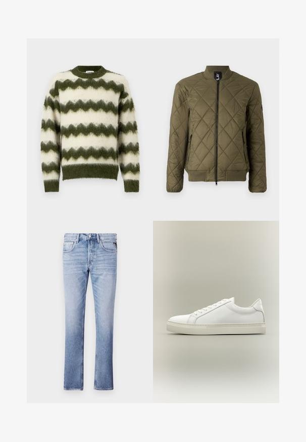 Chaqueta bomber acolchada en verde oliva con cremallera frontal, puños acanalados y dos bolsillos laterales con cremallera. Presenta un diseño de costura en forma de diamante.; Jersey de rayas en zigzag verde y blanco, hecho de un material suave y esponjoso, con un cuello redondo y puños acanalados.; Jeans de mezclilla azul claro con un diseño de pierna recta, cinco bolsillos y detalles de costura visibles. Textura suave y ajuste clásico.; Zapatilla blanca de perfil bajo con cordones en la parte delantera y suela gruesa, mostrada de lado sobre un fondo neutro.