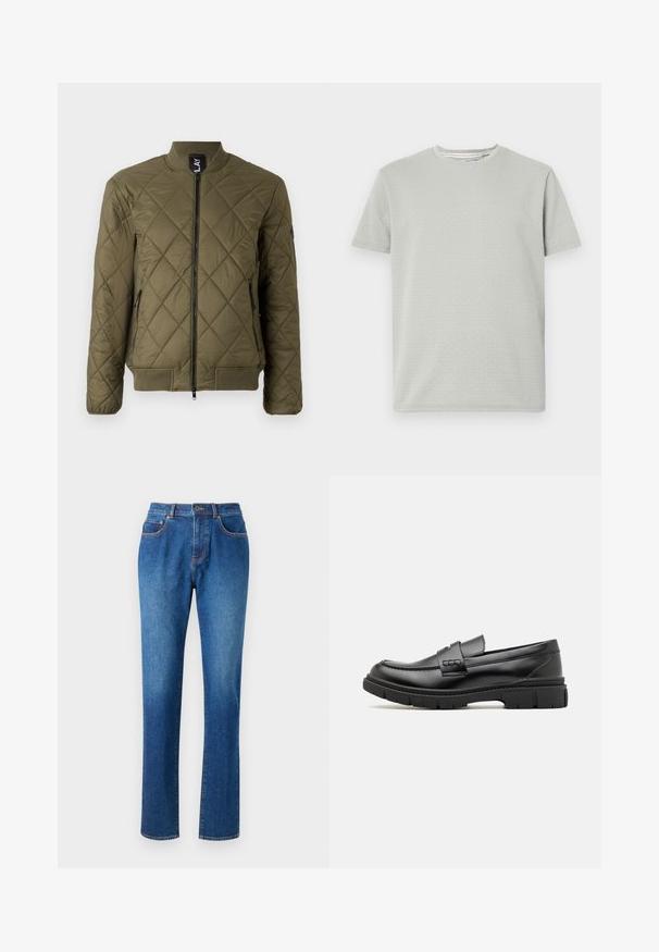 Chaqueta bomber acolchada en verde oliva con cremallera frontal, puños acanalados y dos bolsillos laterales con cremallera. Presenta un diseño de costura en forma de diamante.; Camiseta de manga corta en gris claro con un patrón texturizado, cuello redondo y dobladillo recto. Confeccionada con una tela suave y transpirable.; Jeans de mezclilla azul con corte recto, cinco bolsillos, cinturilla con pasadores para cinturón y costuras contrastantes a lo largo de las costuras.; Mocasin de cuero negro con una cinta ancha en el empeine, suela de goma con tacos gruesos y textura suave. Diseño clásico y elegante.