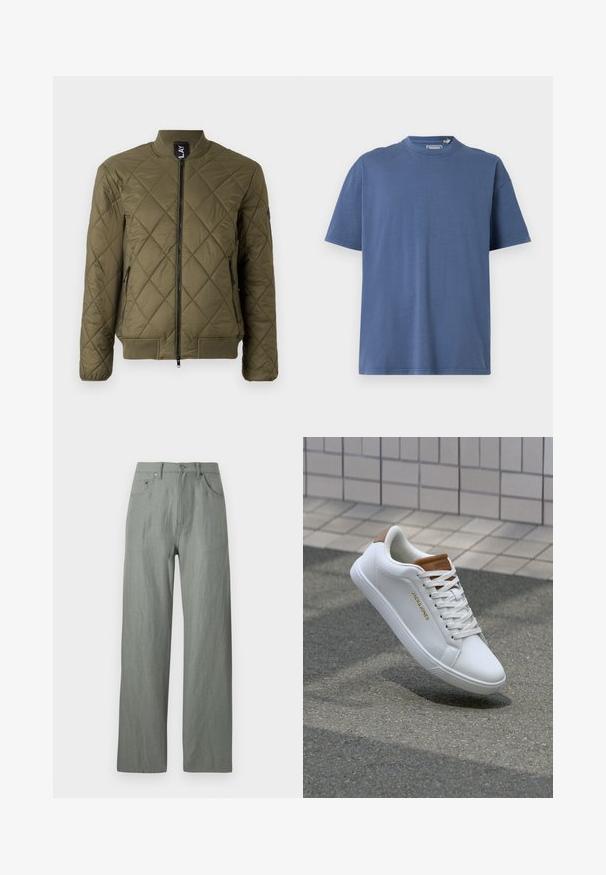 Chaqueta bomber acolchada en verde oliva con cremallera frontal, puños acanalados y dos bolsillos laterales con cremallera. Presenta un diseño de costura en forma de diamante.; Camiseta de manga corta azul, hecha de algodón suave, con un escote redondo y un corte holgado, con detalles de costura mínimos.; Pantalones de pierna ancha en verde claro, hechos de una tela suave y texturada. Incluye un cierre de botón frontal y cinco bolsillos.; Zapatillas deportivas de cuero blanco con una textura suave, acento marrón en el talón, logo dorado en el lateral y suela de goma con agarre texturizado.