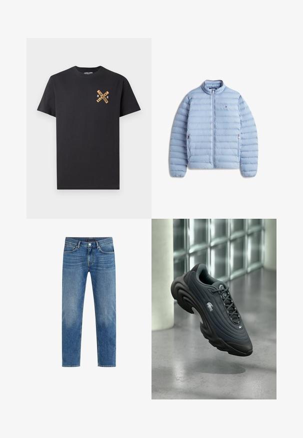 Hellblaue gesteppte Jacke mit durchgehendem Frontreißverschluss, zwei seitlichen Reißverschlusstaschen und kleinem Flaggenlogo auf der Brust.; Schwarzes Baumwoll-T-Shirt mit einem grafischen Design in Orange, das die Worte "ELEMENT" und "REMEMBER" in einem Kreuzmuster auf der Brust zeigt.; Hellblaue Denim-Jeans mit geradem Bein, ausgewaschenem Look, fünf Taschen, kontrastierender Nähte und einem vorderen Knopfverschluss.; Dunkelgrauer Sportschuh mit strukturiertem Obermaterial, abgerundetem Design und auffälligem weißem Logo. Ausgestattet mit leichter Sohle und Schnürsystem.