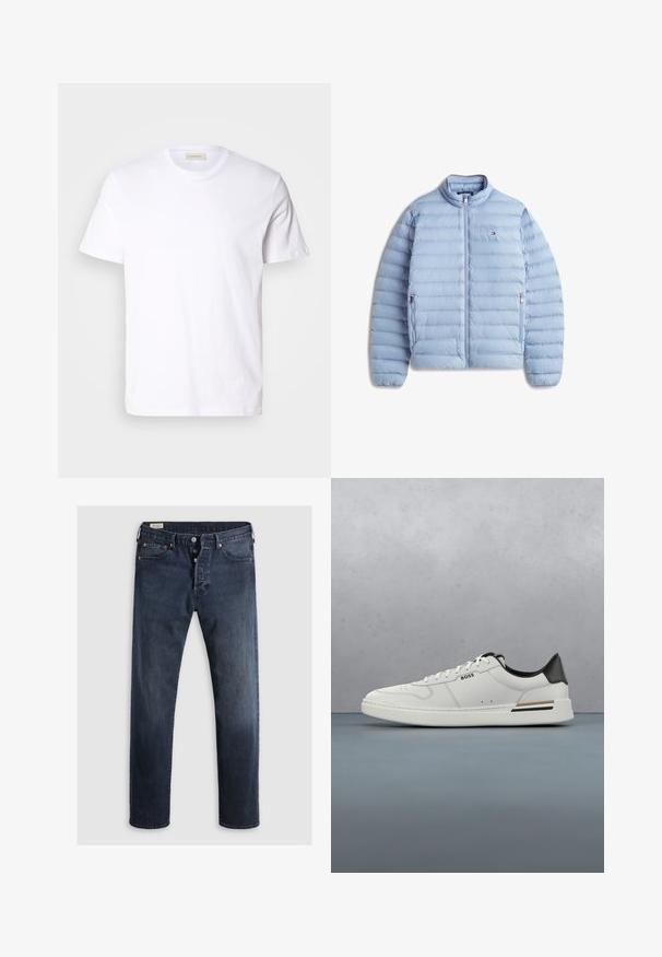 Chaqueta acolchada azul claro con cremallera completa al frente, dos bolsillos laterales con cremallera y un pequeño logo de bandera en el pecho.; Camiseta blanca de manga corta hecha de algodón suave. Presenta un cuello redondo y un pequeño logotipo sutil en el pecho.; Jeans de mezclilla azul oscuro con corte recto, que cuentan con cremallera, botones metálicos y acentos de remaches de cobre. Textura suave, sin patrones visibles.; Zapatilla baja blanca con talón negro, cierre con cordones, perforaciones sutiles y el logo "BOSS" en el costado, mostrada desde el perfil exterior.