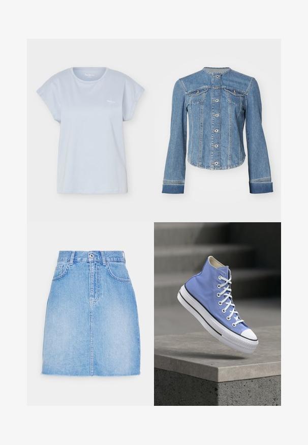 Lichtblauwe spijkerjack met een mandarinnekraag, knoopsluiting aan de voorkant, twee borstzakken en omslagmouwen. Licht cropped fit.; Lichtblauw T-shirt met korte mouwen en ronde hals met klein wit logo op de linkerborst, weergegeven tegen een witte achtergrond.; Lichtblauwe denimrok met een rechte snit, sluiting met knopen aan de voorkant en twee zijzakken. De zoom is iets versleten voor een casual uitstraling.; Blauwe hoge canvas sneaker met witte veters en rubberen zool die boven een betonnen rand zweeft, grijze trappen wazig op de achtergrond.