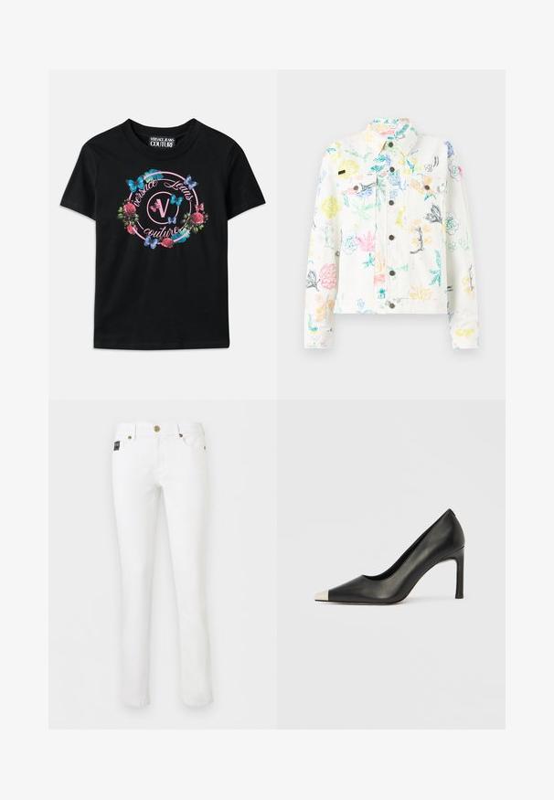 Soulland DECLAN JACKET - Chaqueta vaquera - white; Camiseta negra con un gráfico colorido de flores y mariposas, con acentos en rosa y azul. "Versace Jeans Couture" impreso en un diseño circular.; Jeans blancos de corte recto con detalles en botón y remaches dorados, bolsillos delanteros y un pequeño parche de la marca en negro en el bolsillo derecho.; Zapato de tacón alto de cuero negro con punta en forma de pico y una tapa metálica plateada. Presenta un acabado suave y un tacón delgado de 10 cm.