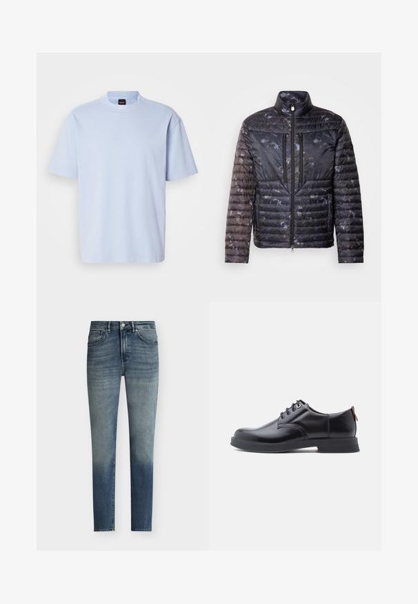 Chaqueta acolchada en azul oscuro con un acabado texturizado y estampado. Presenta un cuello alto, dos bolsillos con cremallera y una silueta elegante.; Camiseta de cuello redondo de manga corta en azul claro con una pequeña etiqueta de la marca BOSS en negro y naranja en el cuello.; Vaqueros azules de corte slim para hombre con detalles sutiles de desgaste, cierre de botones y diseño de cinco bolsillos.; Zapatos de piel negra con cordones, textura lisa, puntera redondeada y detalles sutiles de costura. Cuentan con una lengüeta roja en el talón.