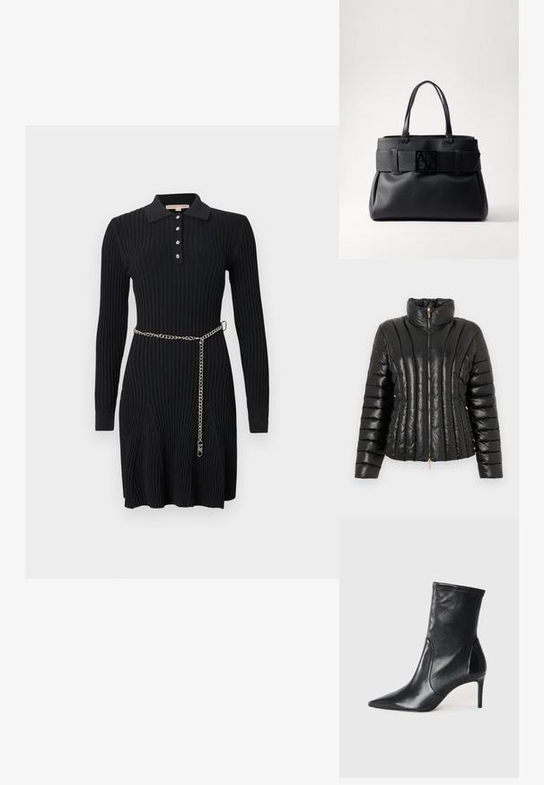 Doudoune noire en matériau brillant, dotée d'un col haut, d'une fermeture éclair sur le devant et d'un motif matelassé horizontal.; Robe noire en maille côtelée avec manches longues, col polo boutonné, détails de jupe évasée et ceinture fine en chaîne argentée à la taille.; Bottes noires à la cheville en cuir lisse, dotées d'un bout pointu, d'un tige ajustée et d'un talon haut fin. Design minimaliste sans quincaillerie visible.; Sac à main en cuir noir avec un design structuré, deux poignées supérieures, un accent de large ceinture et une plaque logo carrée à l'avant.