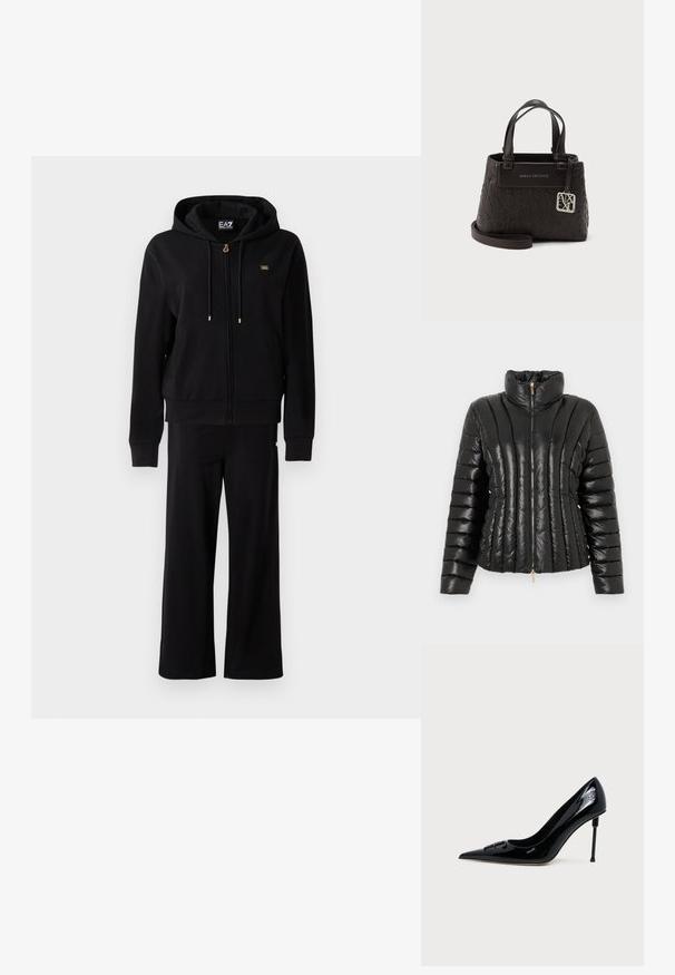 Chaqueta acolchada negra hecha de material brillante, con un alto cuello, cierre frontal con cremallera y un patrón de acolchado horizontal.; Sudadera negra con cremallera y cordones, acompañada de pantalones anchos a juego, que presentan pequeños detalles de logo dorado en el pecho y la cadera.; Zapato de tacón alto puntiagudo de charol negro con tacón de aguja cilíndrico, delgado y único, y hebilla decorativa en el frente.; Bolso de mano Armani Exchange en piel negra con patrón de logotipo en relieve, dos asas, correa desmontable y charm de marca plateado en un lateral.