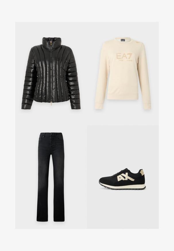 Sort pufferjakke lavet af skinnende materiale, med høj krave, lynlåslukning foran og vandret quiltet mønster.; Beige sweatshirt lavet af blødt stof med rund halsudskæring. Den har en fremtrædende EA7-logo med rhinsten detaljer på fronten.; Sorte denim straight-leg jeans med subtil falmning, fem lommer og knaplukning. Glat tekstur med minimale syningsdetaljer.; Sorte sneakers lavet af mesh og ruskind, med guldfarvede accenter i logoet og en cremefarvet mellemsål. Strukturering på den sorte ydersål for godt greb.