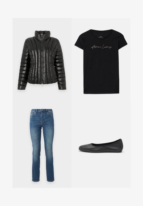 Zwarte pufferjack gemaakt van glanzend materiaal, met een hoge kraag, ritssluiting aan de voorkant en een horizontaal gestikt patroon.; Zwarte korte mouwen t-shirt van katoen, met een scriptlogo "Armani Exchange" in gouden versieringen over de borst.; Mid-rise blauwe denim spijkerbroek met een rechte pijp, voorzien van een zachte textuur, subtiele vervaging en een klassieke vijf-pocketontwerp met knoopsluiting.; Zwarte leren ballerina met een ronde neus, gladde textuur, minimale stikdetails en een flexibele zoolontwerp.