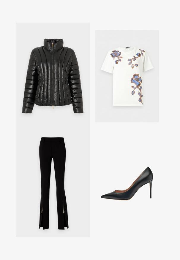 Doudoune noire en matériau brillant, dotée d'un col haut, d'une fermeture éclair sur le devant et d'un motif matelassé horizontal.; T-shirt blanc à manches courtes avec des motifs floraux bleus et bruns sur l'épaule, le haut de la poitrine et le bas du côté.; DSQUARED2 ICON TRUMPET PANT - Pantalon classique - black; Scarosso GRETA - Escarpins à talons hauts - black calf