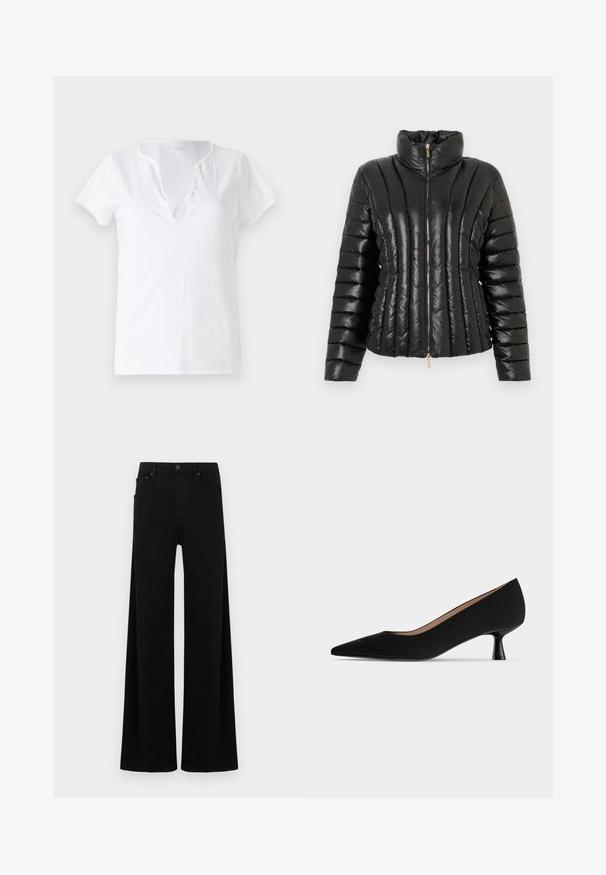 Doudoune noire en matériau brillant, dotée d'un col haut, d'une fermeture éclair sur le devant et d'un motif matelassé horizontal.; T-shirt en coton blanc à manches courtes, coupe décontractée et décolleté en V, avec un plastron orné de cinq boutons décoratifs.; Pantalon noir à jambes larges en denim, avec une taille haute, des poches avant et une fermeture simple par bouton métallique.; Escarpin noir pour femme à talon bas, bout pointu, talon kitten fin et évasé avec finition mate lisse, vu de profil.
