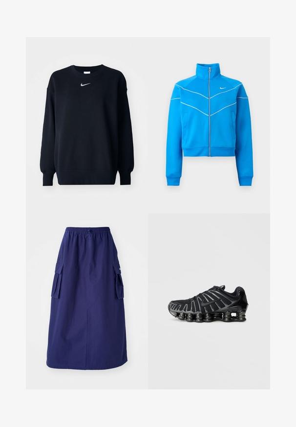 Klar blå sportsjakke med lynlås og høj krave, hvid piping, sidelommer og lille hvid Nike-logo på brystet.; Sort sweatshirt lavet af bomuldsblanding; ribbet rund hals, lange ærmer og elastiske manchetter; har et lille sølvfarvet Nike-logo på brystet.; Marineblå, mellemlang nederdel med elastisk talje, der har to sidelommer og et minimalistisk logodesign. Glat stofstruktur.; Sort sportssko med en tekstureret mesh-overdel og en karakteristisk klodset sål med afrundede sektioner. Snørebånd og forstærket hæl for støtte.