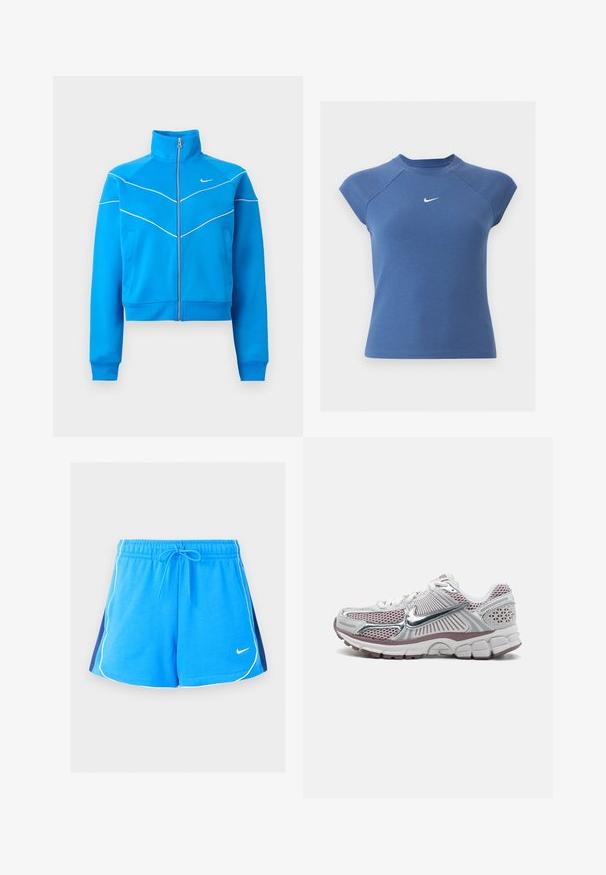 Chaqueta deportiva azul brillante con cremallera, cuello alto, diseño de ribete blanco, bolsillos laterales y pequeño logo blanco de Nike en el pecho.; Top azul de punto de canalé de manga corta con cuello redondo y logo blanco de Nike swoosh centrado en el pecho.; Pantalones cortos deportivos azules con ribetes blancos a lo largo de los bordes, paneles laterales azul marino, cintura elástica, cordón y un pequeño logo blanco de Nike en el frente.; Zapatilla deportiva de Nike con parte superior de malla blanca con detalles plateados, detalles en rosa y una suela gruesa, acolchada y texturizada.