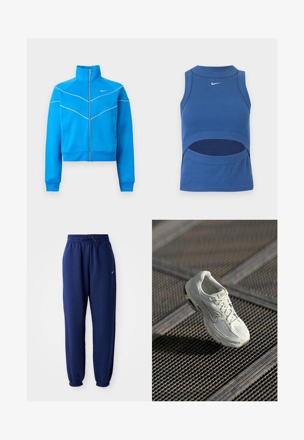 Veste de sport zippée bleu vif avec col montant, design à fines bandes blanches, poches latérales et petit logo Nike blanc sur la poitrine.; Crop top Nike bleu sans manches avec col montant et découpe au niveau du ventre, tissu côtelé, et logo Swoosh blanc au centre devant.; Pantalons de survêtement bleu marine en tissu doux, avec une taille élastique à cordon de serrage, des poignets élastiques et un petit logo blanc.; Baskets de course Nike blanches avec une tige en maille et synthétique reposant sur un revêtement de sol en grille métallique, sous une lumière naturelle douce.